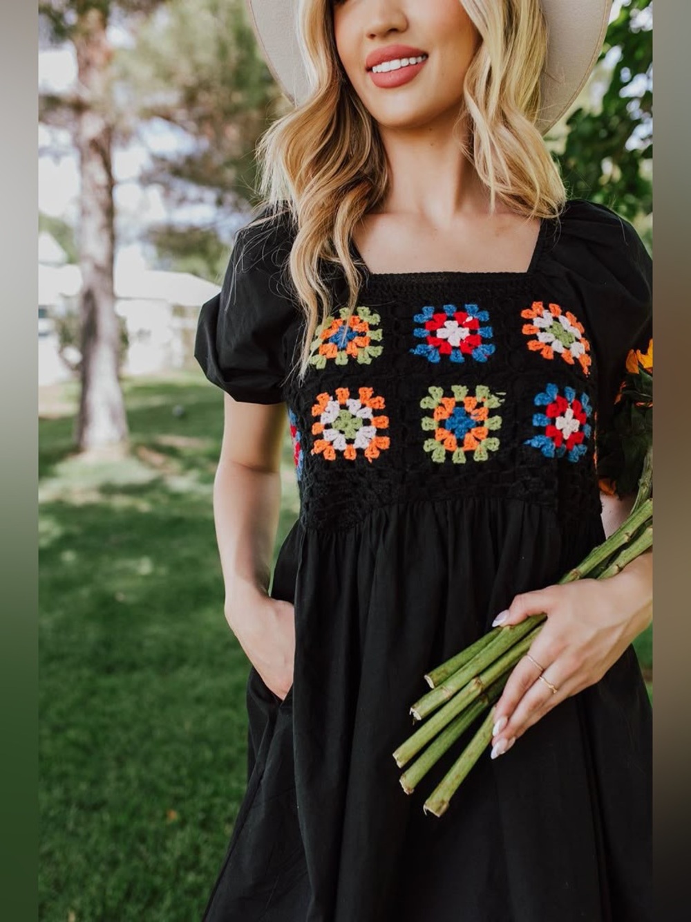 Baevely Hulbert Crochet Square Neck Dress in Black boho puff sleeve